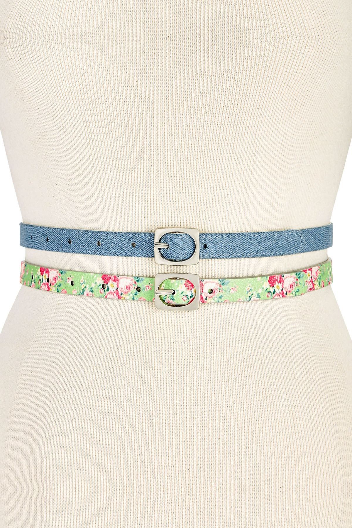 INC International Concepts Blue-Jean/Multi 2-for-1 Textured Skinny Belt