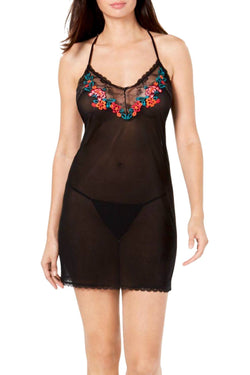INC International Concepts Embroidered Chemise / Panty Set in Deep Black thumbnail 1
