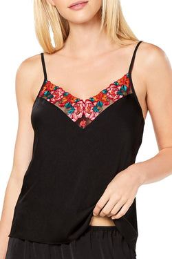 INC International Concepts Embroidered Satin Camisole in Deep Black thumbnail 1