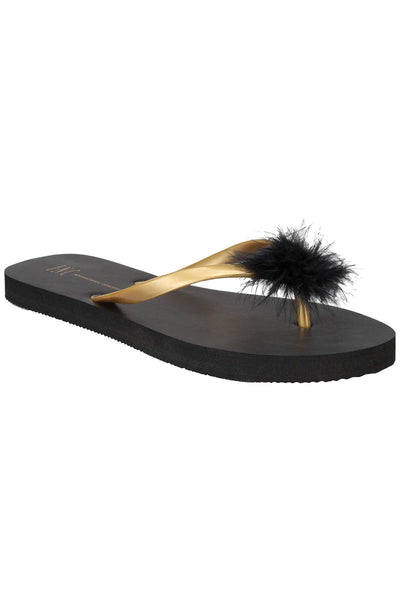 INC International Concepts Feather Puff Flip Flops in Black/Gold