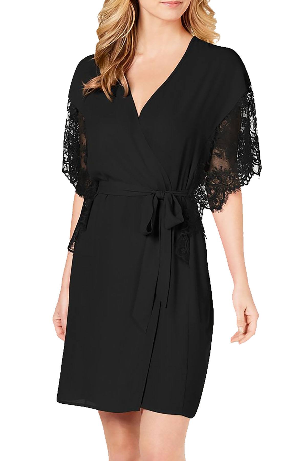 INC International Concepts Lace Sleeve Chiffon Wrap Robe in Deep Black