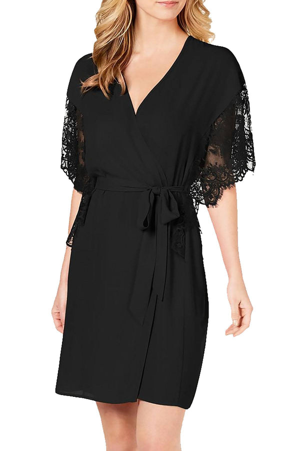 INC International Concepts Lace Sleeve Chiffon Wrap Robe in Deep Black