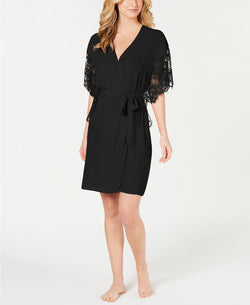 INC International Concepts Lace Sleeve Chiffon Wrap Robe in Deep Black thumbnail 2