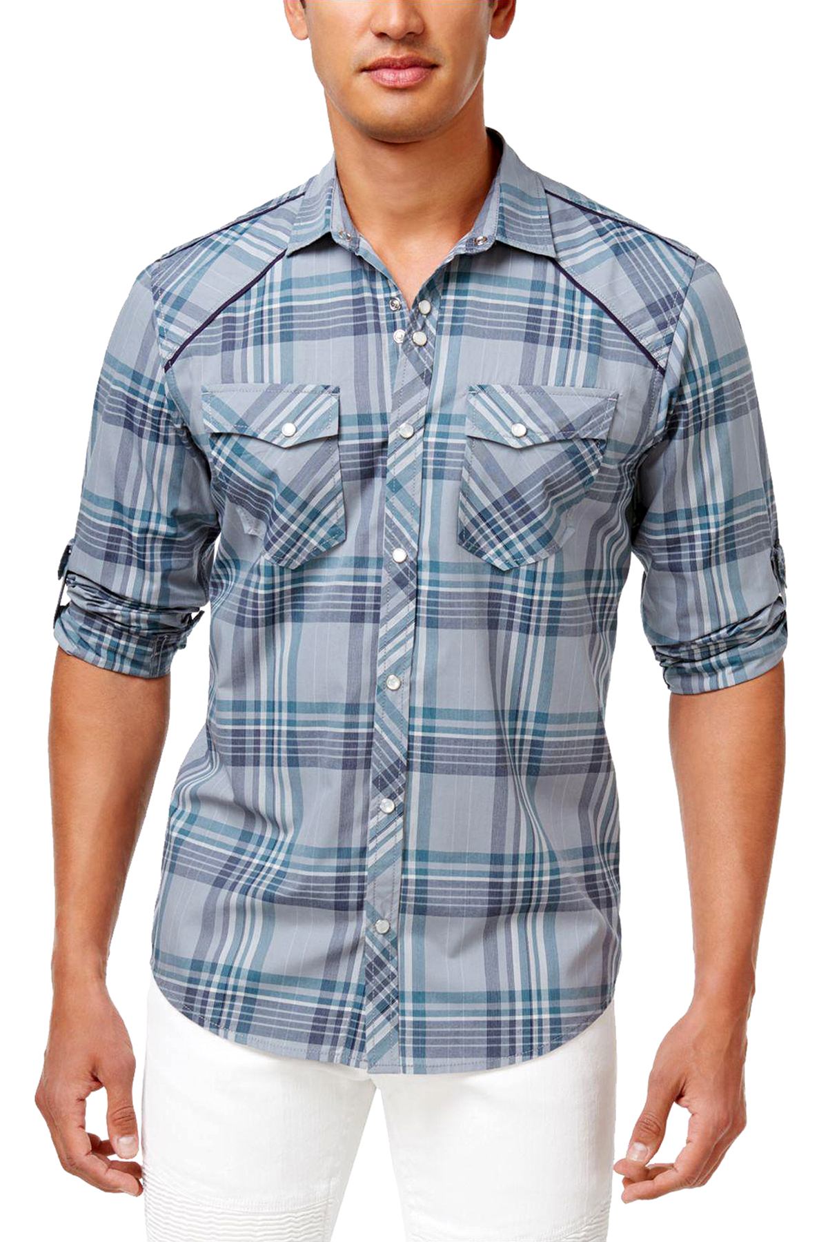 INC International Concepts Lightning-Blue Dual-Pocket Plaid Shirt