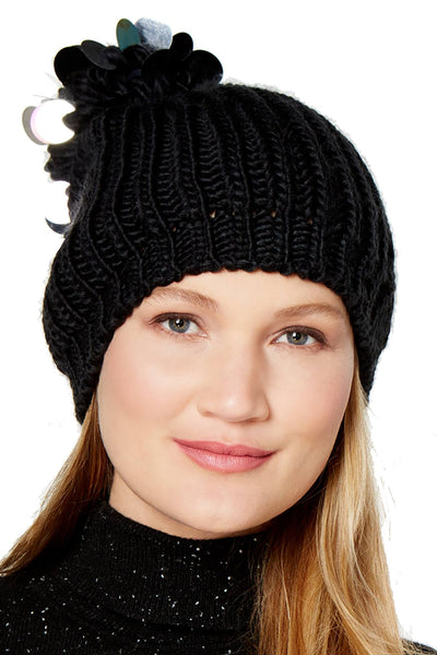 INC International Concepts Paillette Pom Pom Beanie in Black