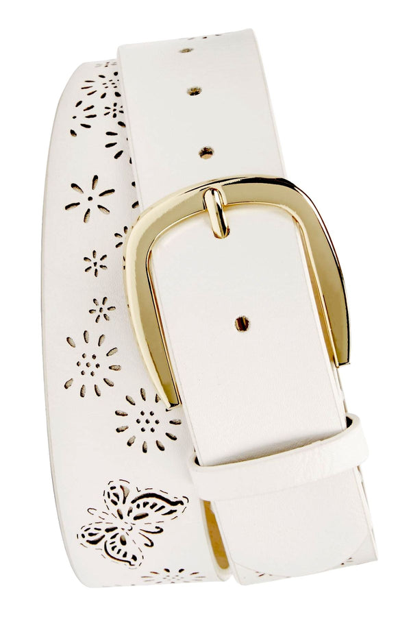 INC International Concepts Perforated Flowers Belt in White/Gold