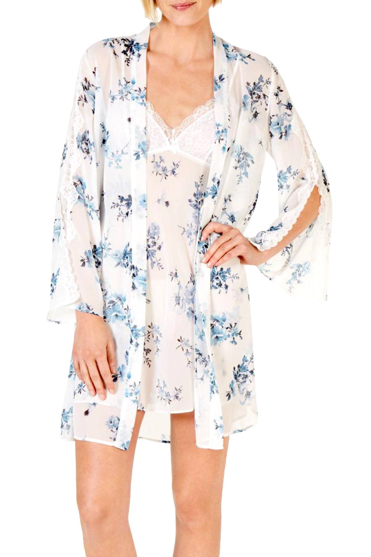 INC International Concepts Printed Lace Trim Chiffon Wrap Robe in Hummingbird Floral