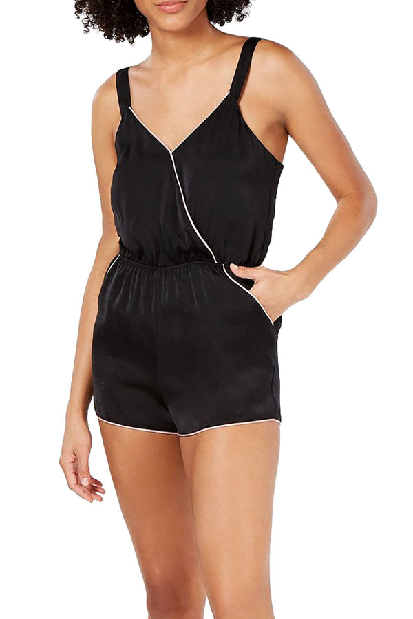 INC International Concepts Satin Contrast Trim Romper in Deep Black
