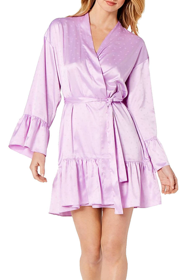 INC International Concepts Satin Jacquard Flounce Wrap Robe in Ditsy Daisy Purple
