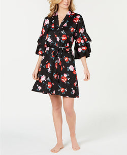 INC International Concepts Satin Printed Flounce Sleeve Wrap Robe in Valentine Roses thumbnail 2