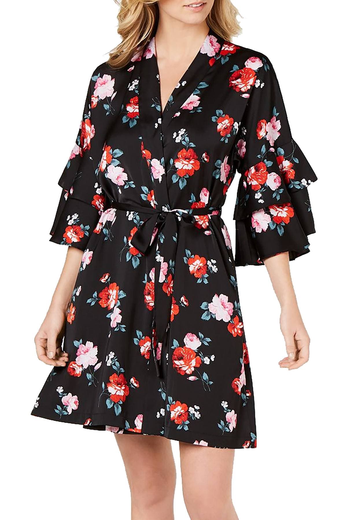 INC International Concepts Satin Printed Flounce Sleeve Wrap Robe in Valentine Roses