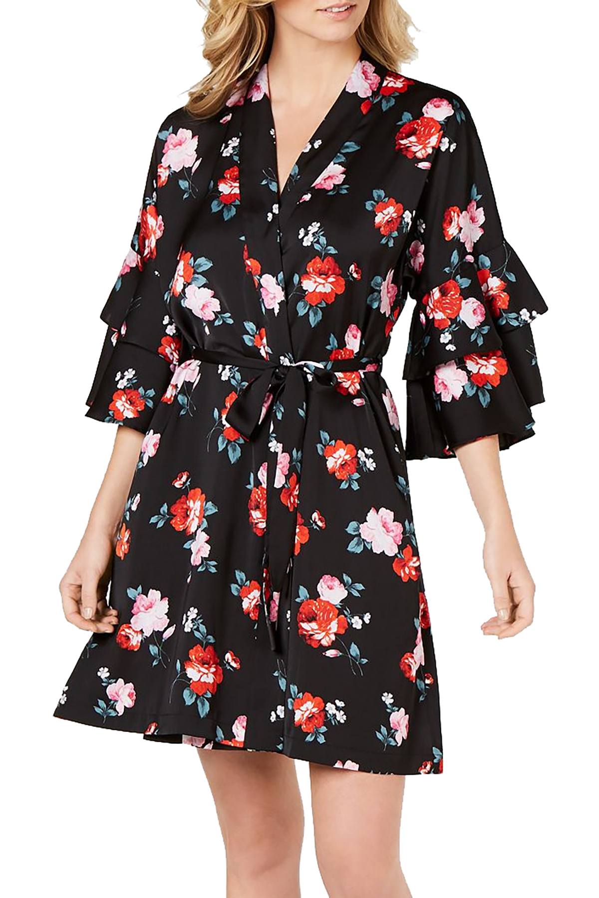 INC International Concepts Satin Printed Flounce Sleeve Wrap Robe in Valentine Roses
