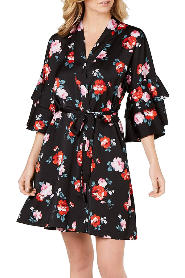 INC International Concepts Satin Printed Flounce Sleeve Wrap Robe in Valentine Roses