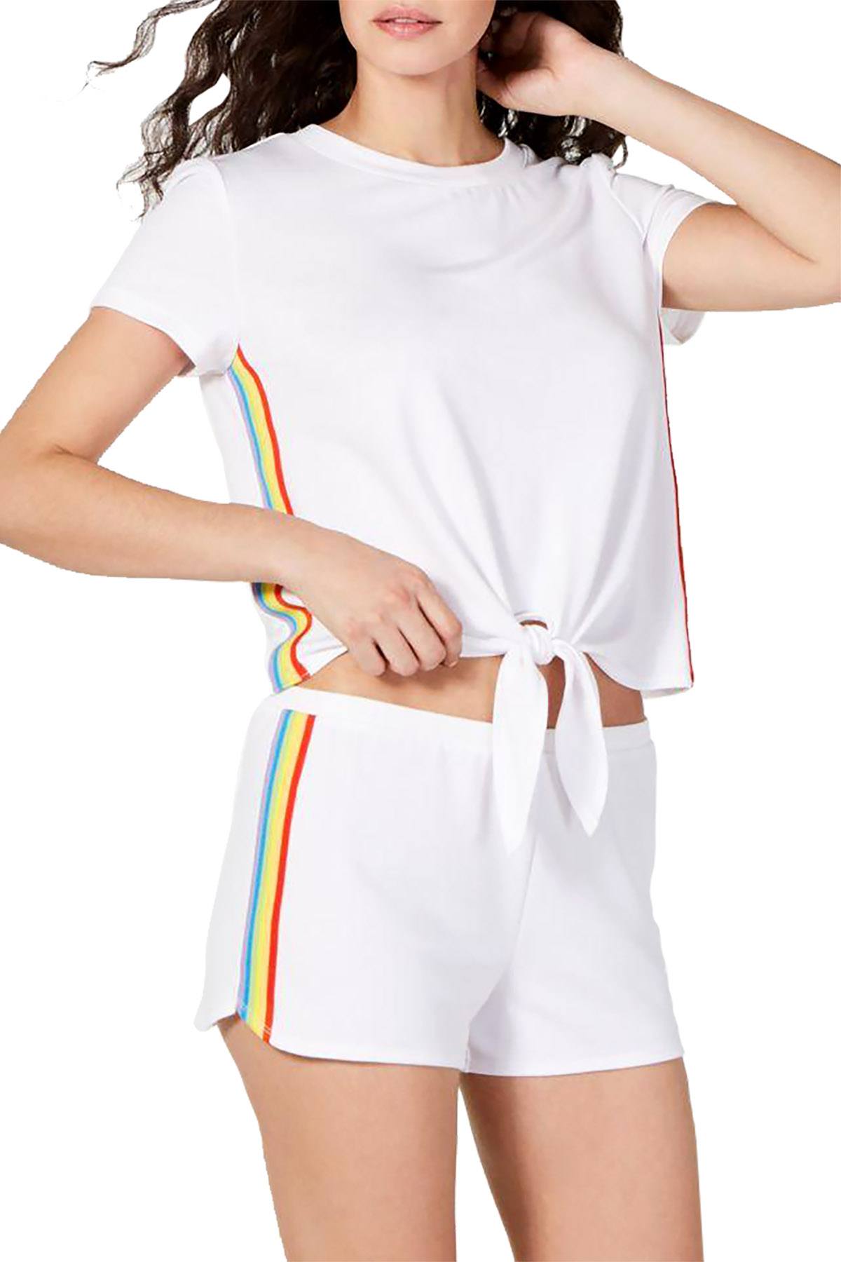 INC International Concepts Super Soft Rainbow Tie Front Top and Short Set in White