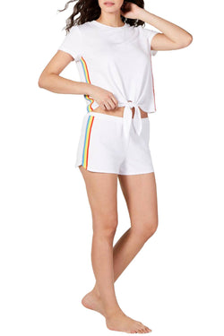 INC International Concepts Super Soft Rainbow Tie Front Top and Short Set in White thumbnail 4