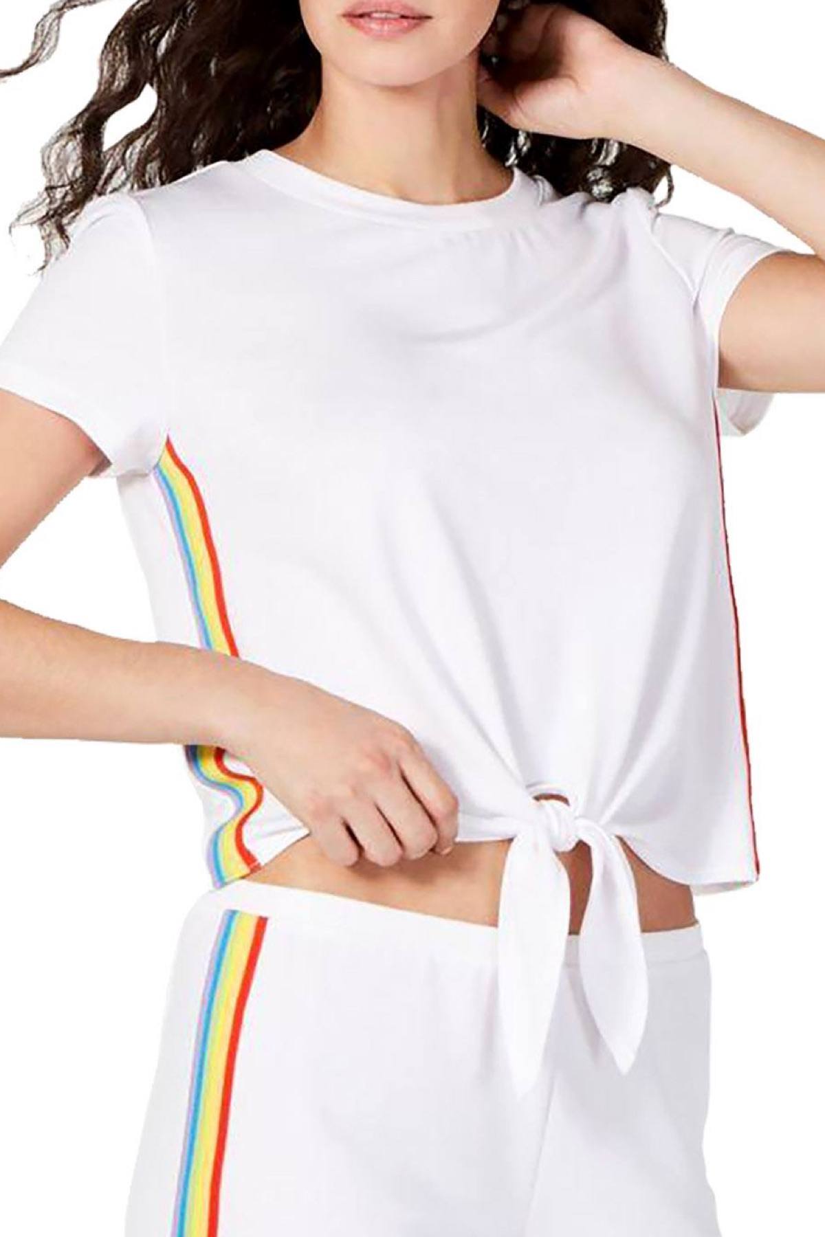 INC International Concepts Super Soft Rainbow Tie Front Top in White