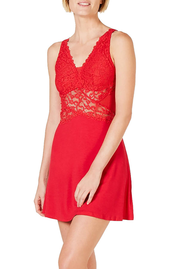 INC International Concepts Ultra Soft Lace Detail Knit Chemise in Ski Patrol Red