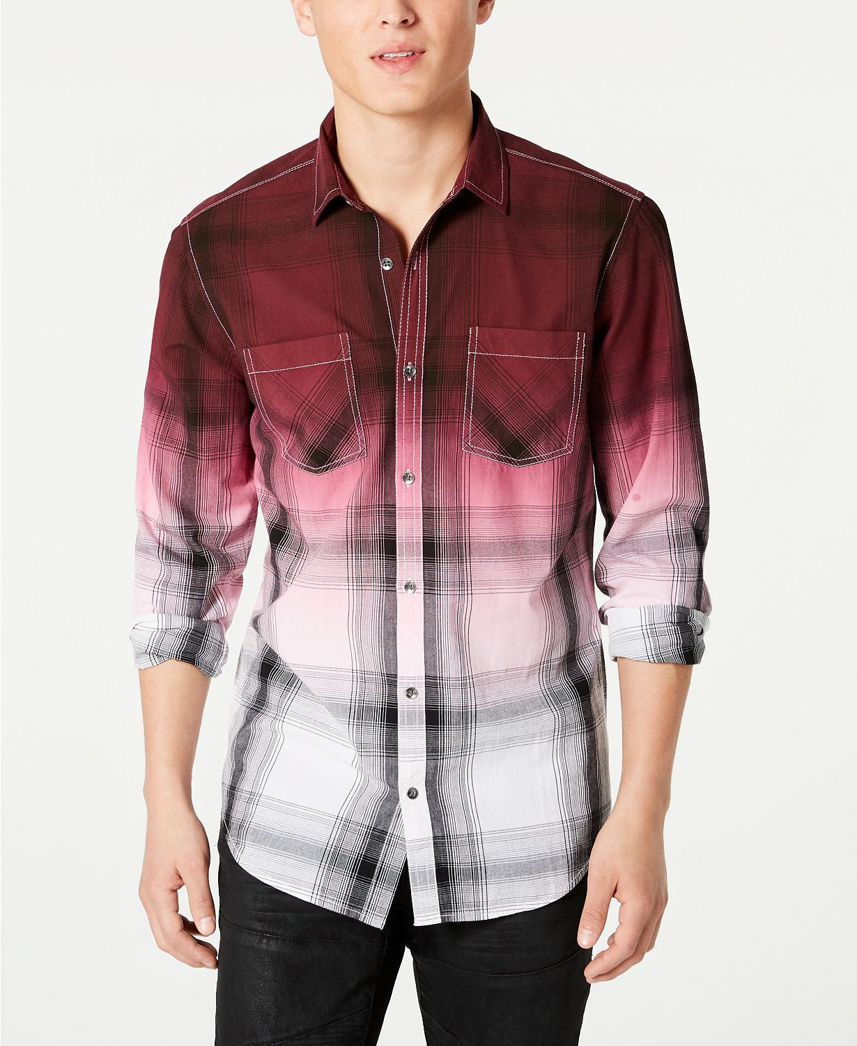 Inc International Concept Regular-fit Dip-dyed Plaid Shirt Boysenberry