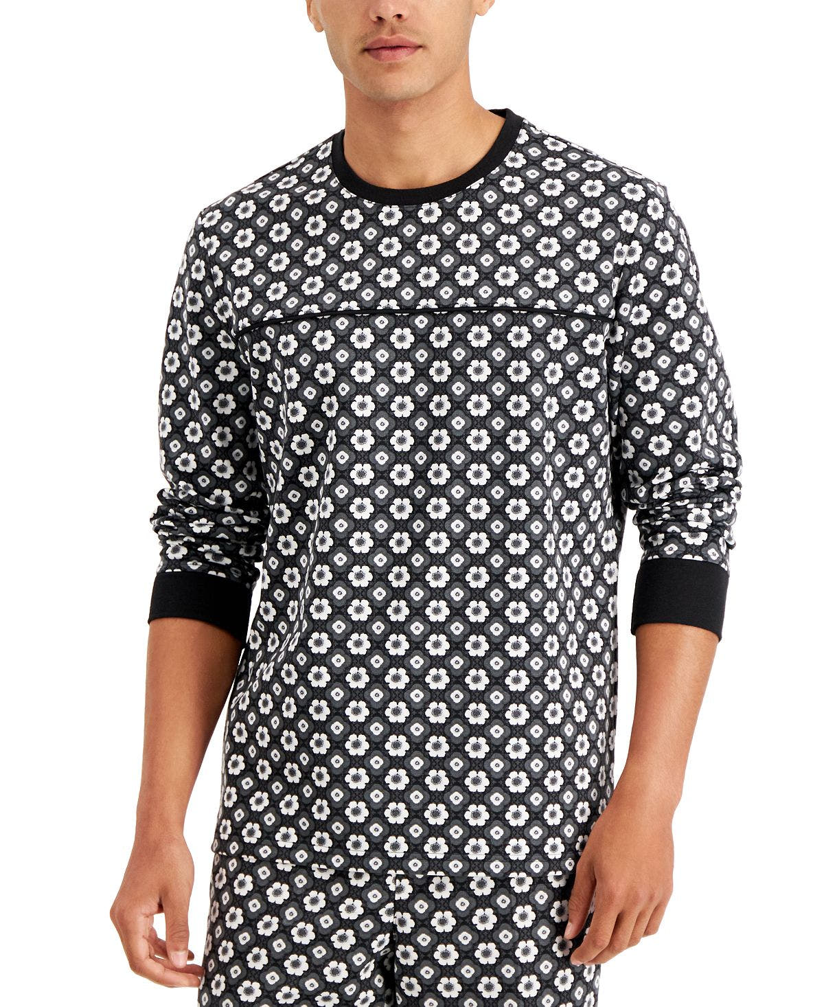 Inc International Concepts Black Floral Medallion Pullover Shirt Deep Black