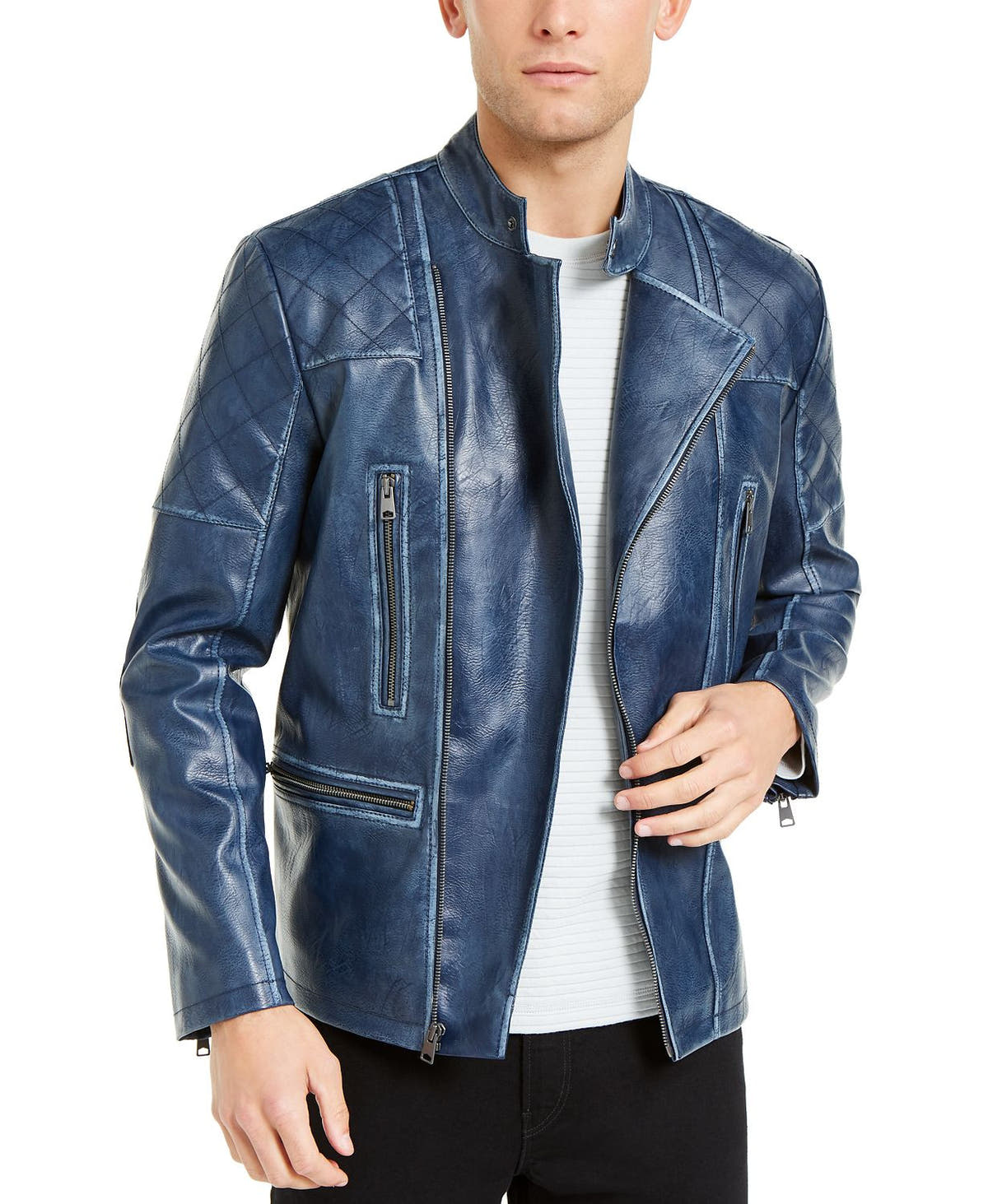 Inc International Concepts Braxton Faux Leather Moto Jacket Dark Blue