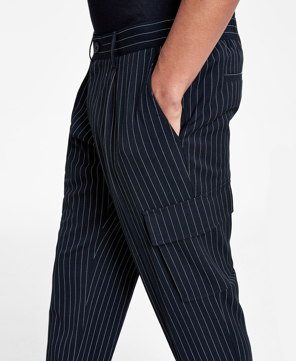Inc International Concepts Classic-fit Stripe Pleated Cargo Suit Pants Deep Black