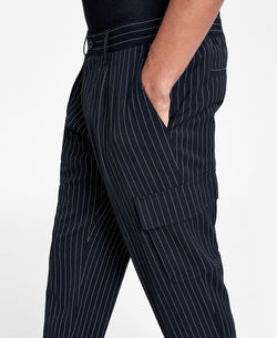 Inc International Concepts Classic-fit Stripe Pleated Cargo Suit Pants Deep Black thumbnail 4