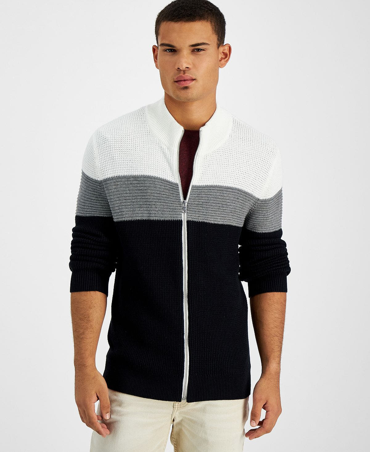 Inc International Concepts Cotton Colorblocked Full-zip Sweater Deep Black