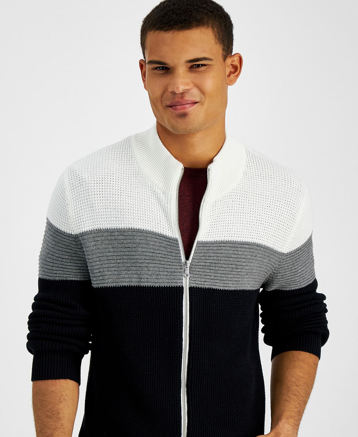 Inc International Concepts Cotton Colorblocked Full-zip Sweater Deep Black