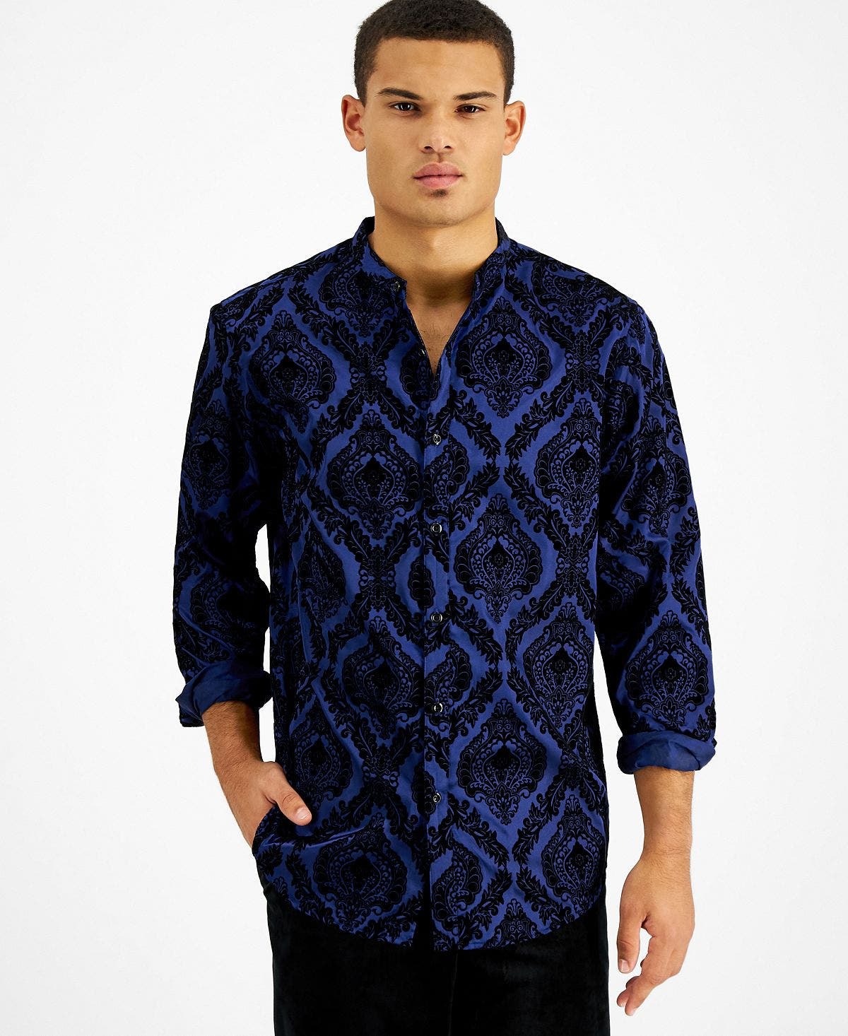 Inc International Concepts Flocked Baroque Band-collar Shirt Navy Bud