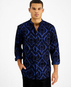Inc International Concepts Flocked Baroque Band-collar Shirt Navy Bud thumbnail 1