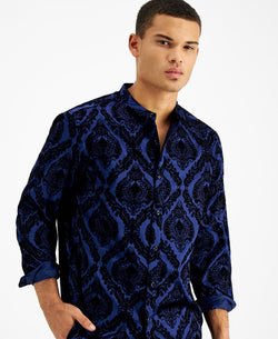 Inc International Concepts Flocked Baroque Band-collar Shirt Navy Bud thumbnail 3