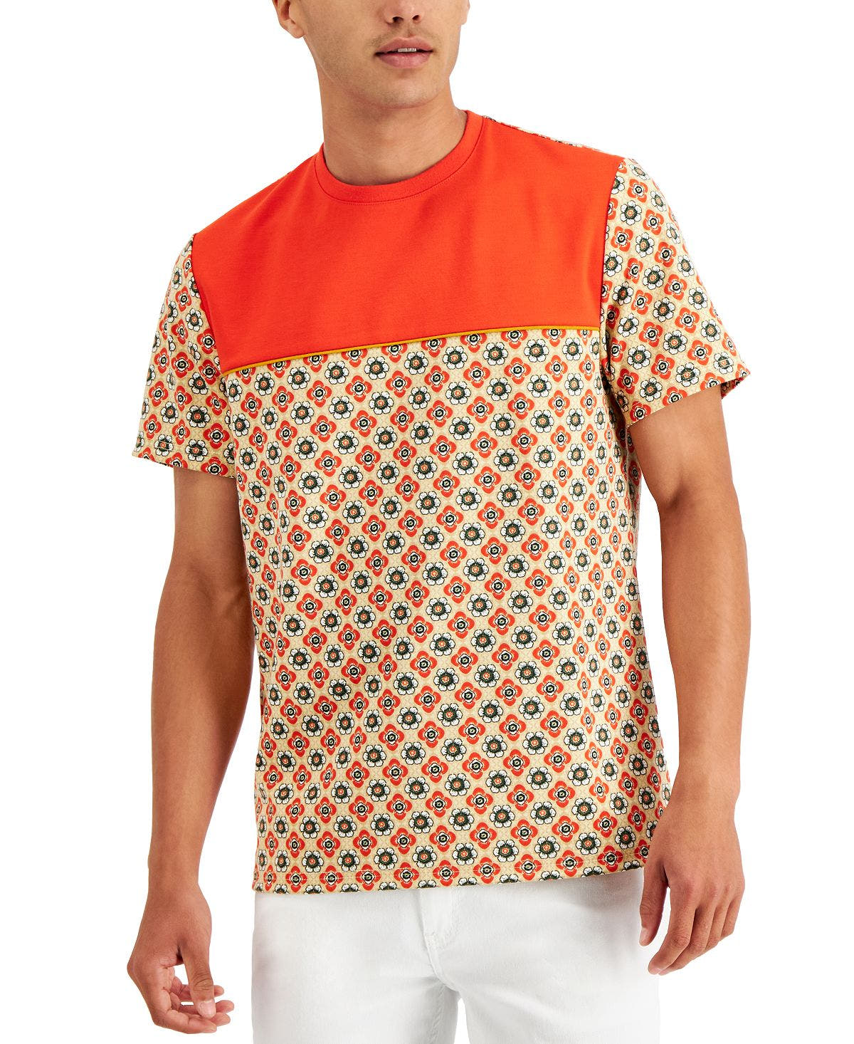 Inc International Concepts Floral Medallion Colorblocked T-shirt WILDFIRE RED