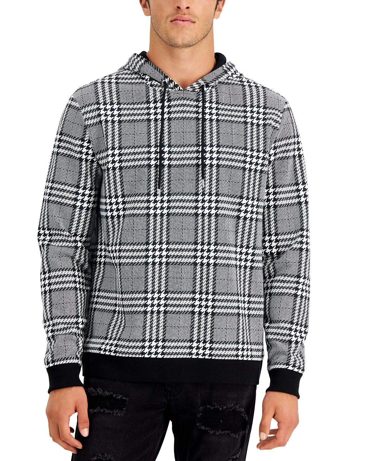 Inc International Concepts Houndstooth Plaid French Terry Hoodie Deep Black