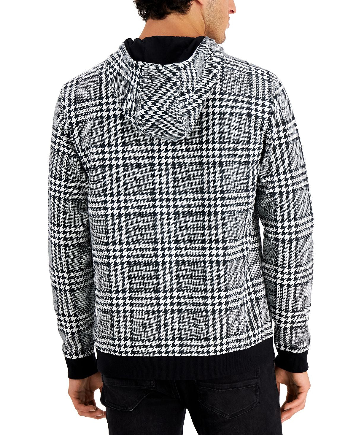 Inc International Concepts Houndstooth Plaid French Terry Hoodie Deep Black