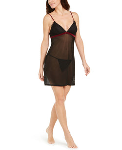 Inc International Concepts Inc Lace Mesh Velvet Trim Chemise Nightgown & Thong Deep Black thumbnail 1
