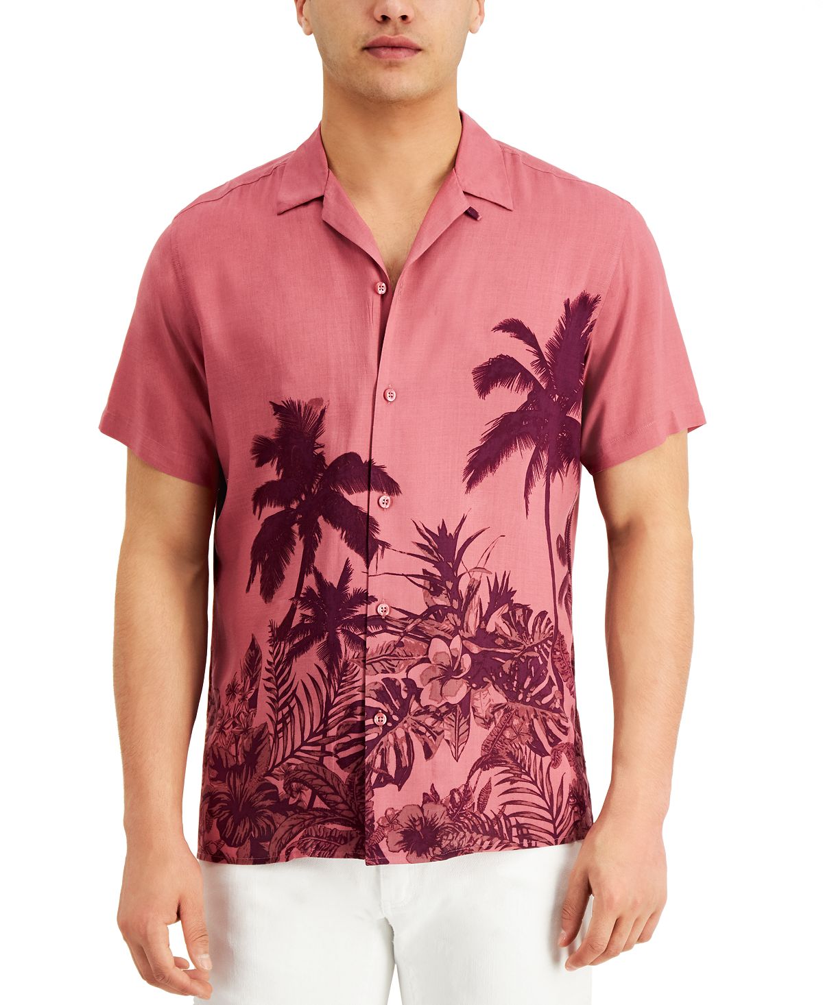 Inc International Concepts Inc Regular-fit Tonal Tropical-print Camp Shirt Strwbry Swrl Cm