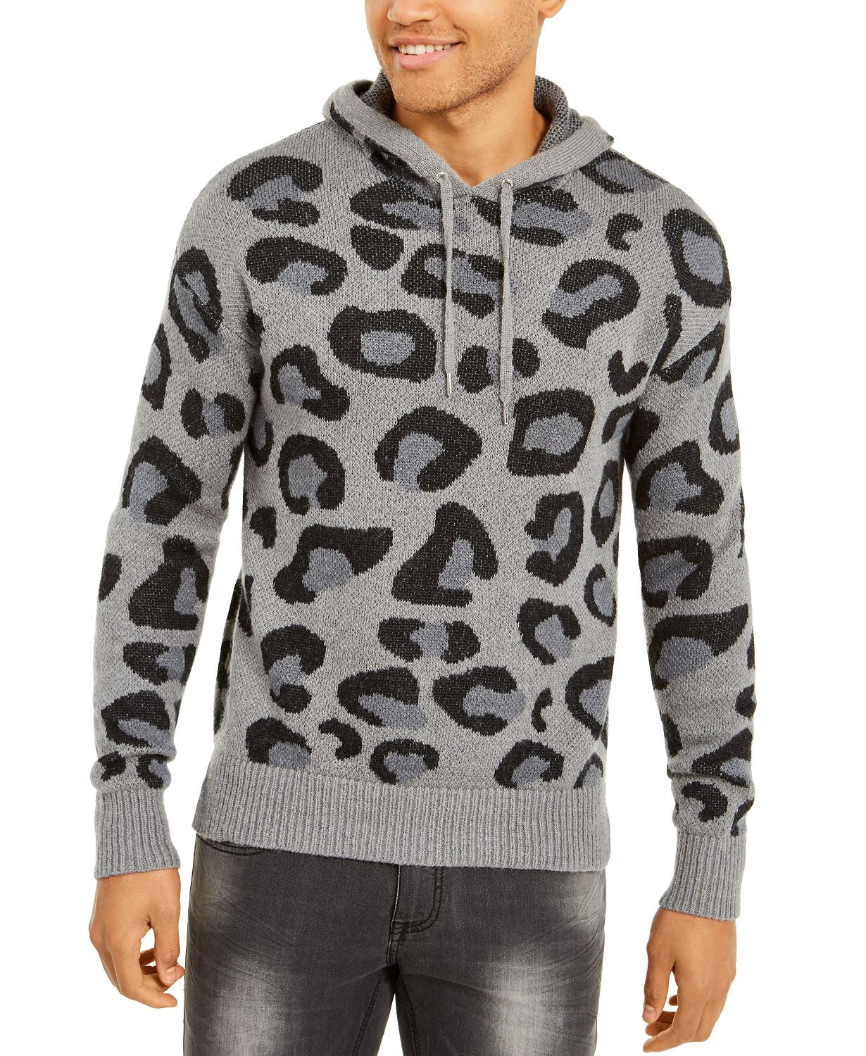 Inc International Concepts Leopard Sweater Hoodie Harbor Grey