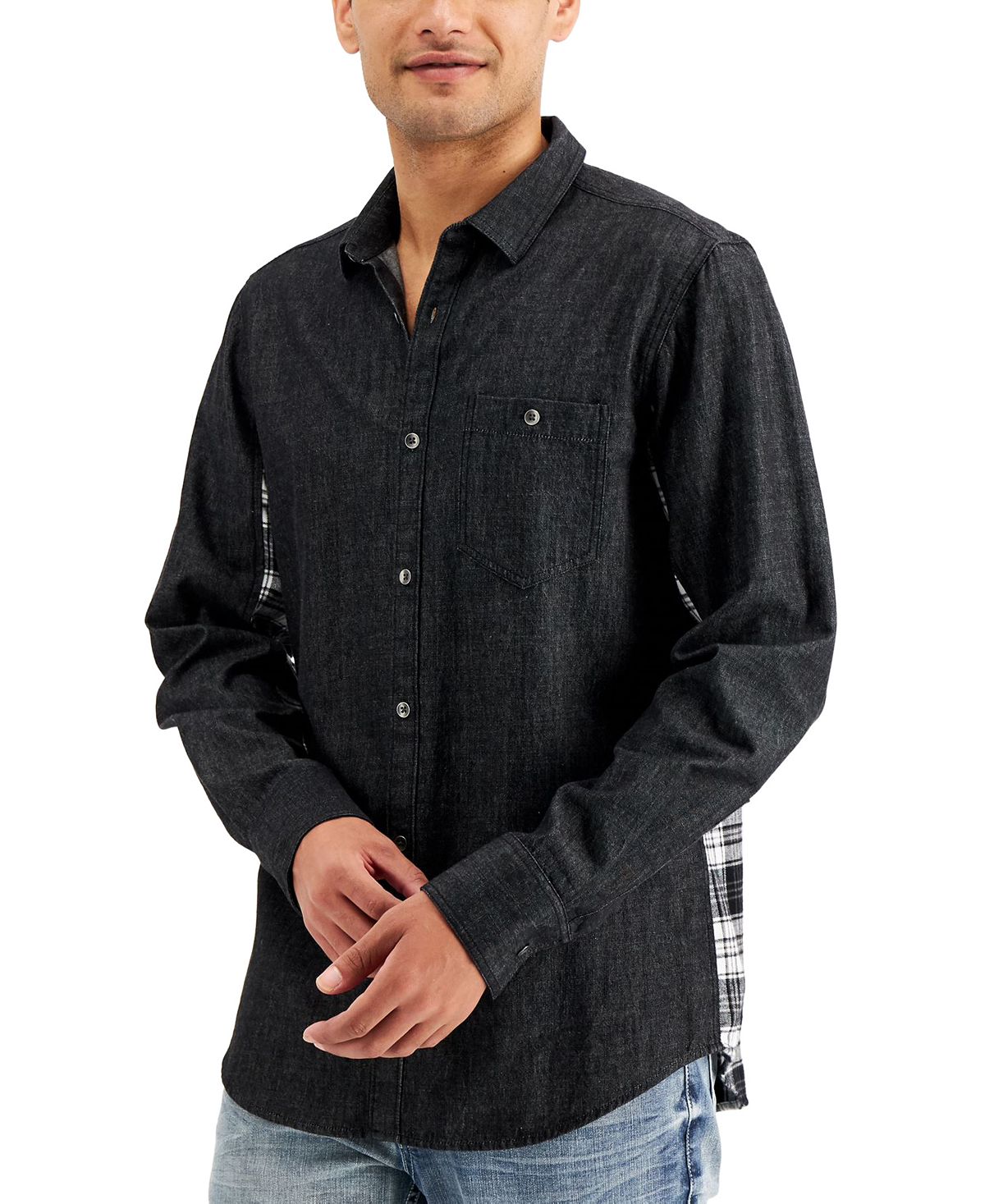 Inc International Concepts Plaid Pieced Denim Shirt Deep Black