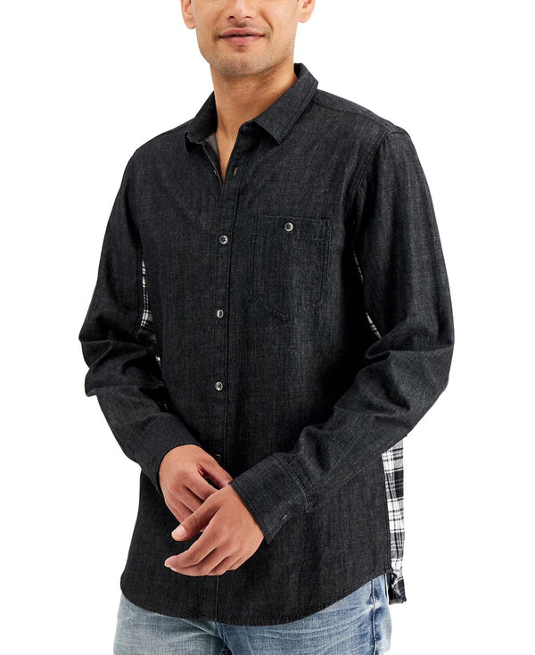 Inc International Concepts Plaid Pieced Denim Shirt Deep Black