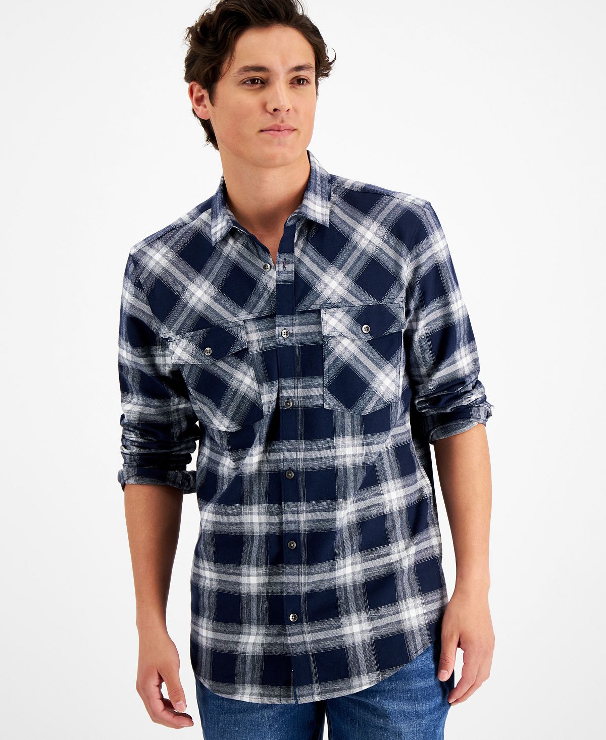 Inc International Concepts Regular-fit Plaid Flannel Shirt Navy Bud Combo