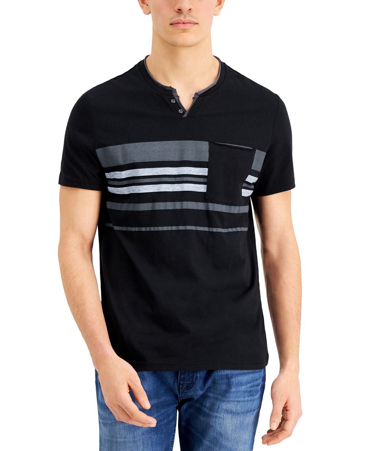 Inc International Concepts Split-neck Striped T-shirt Deep Black