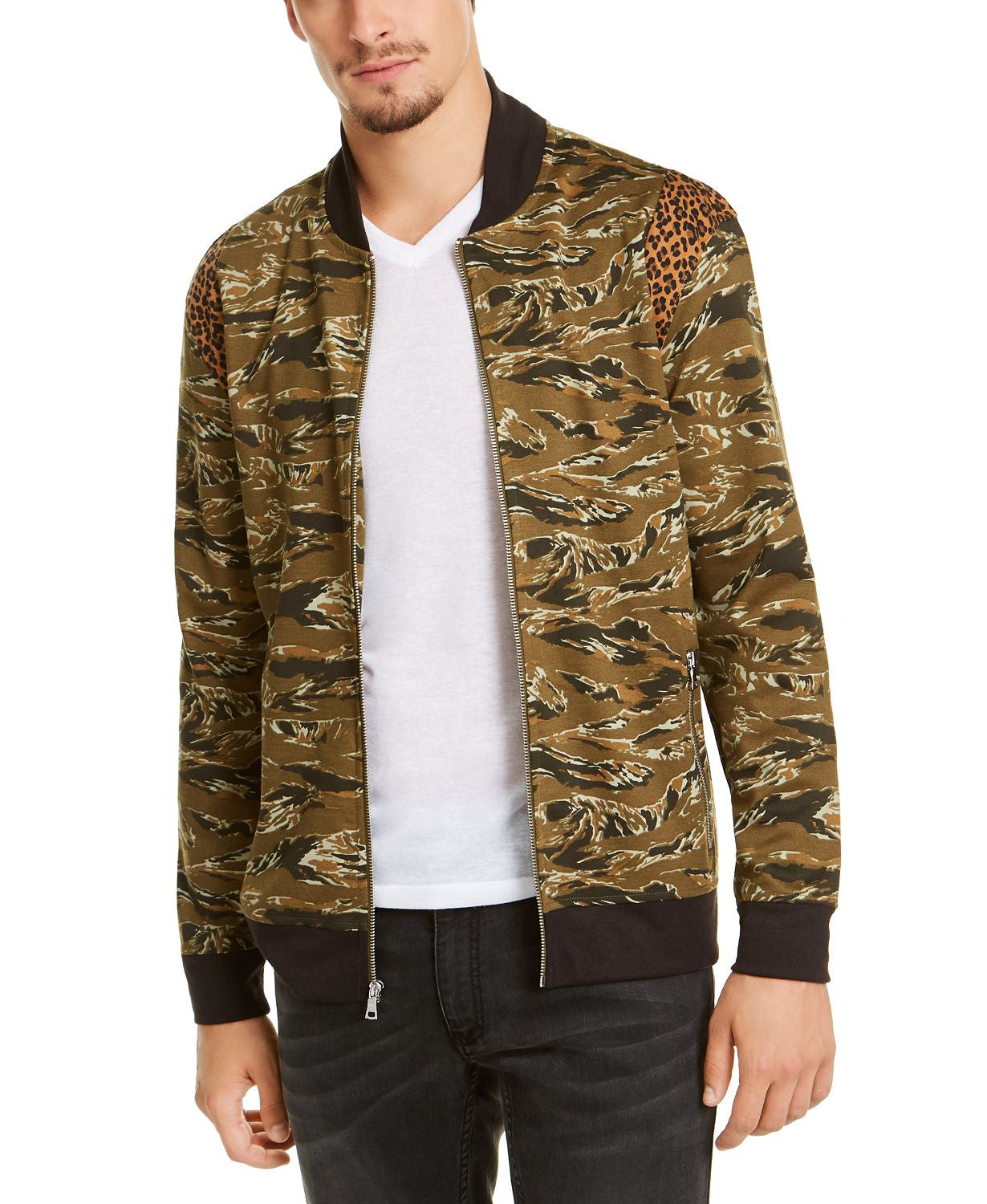 Inc International Concepts Vices Abstract Camouflage Print Bomber Jacket Dark Olive