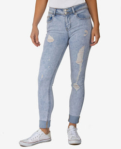 Indigo Rein Juniors' Curvy Rolled-cuff Acid-wash Skinny Jeans Medium Blue thumbnail 1