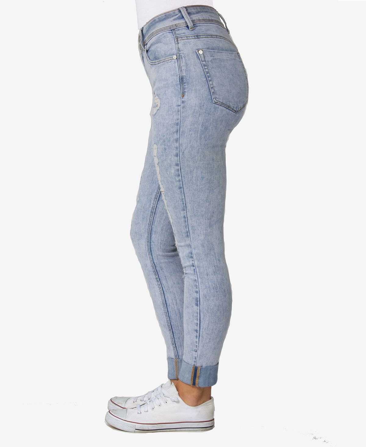 Indigo Rein Juniors' Curvy Rolled-cuff Acid-wash Skinny Jeans Medium Blue