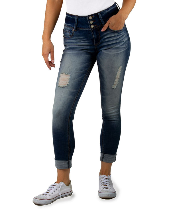Indigo Rein Juniors' Three-button Cuffed Skinny Jeans Med Blue
