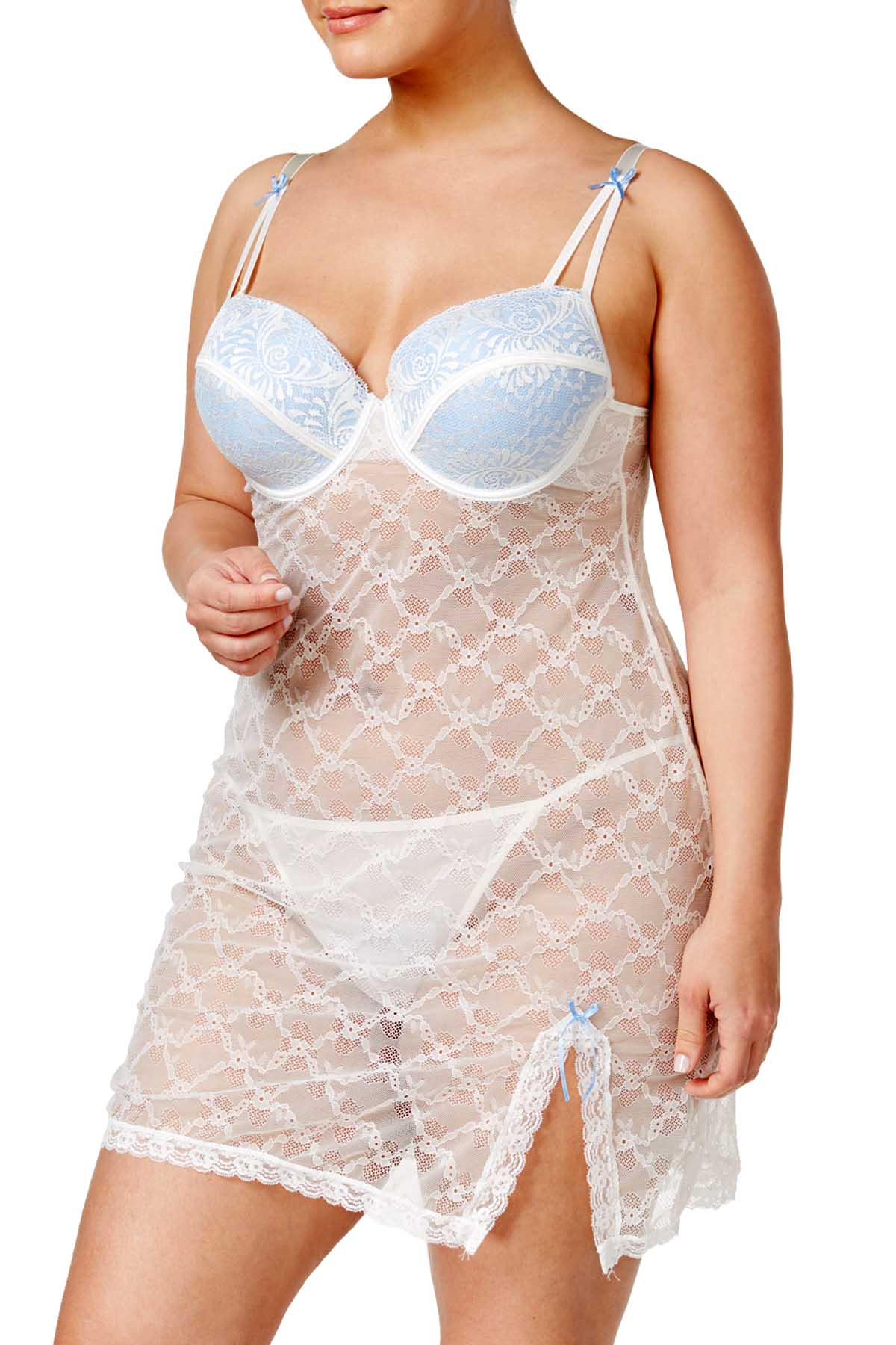 Inspire Psych Terry PLUS White/Bluebell Sheer Lace Chemise And Thong 2pc Set