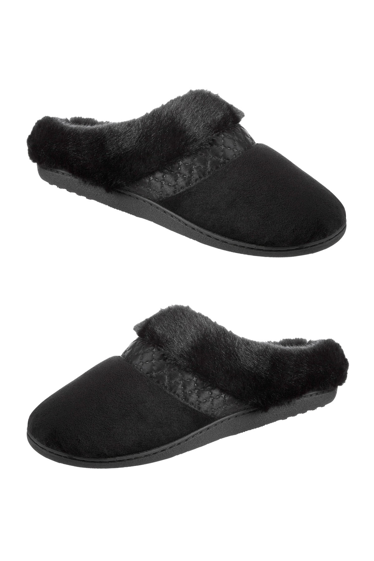 Isotoner Signature Black Velour/Faux-Fur Enhanced Heel Cushion Slippers