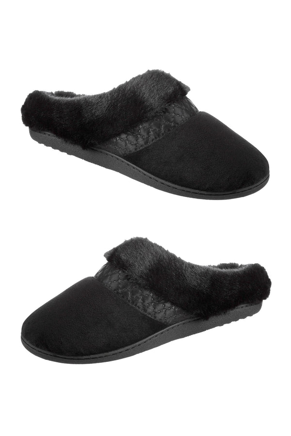 Isotoner Signature Black Velour/Faux-Fur Enhanced Heel Cushion Slippers