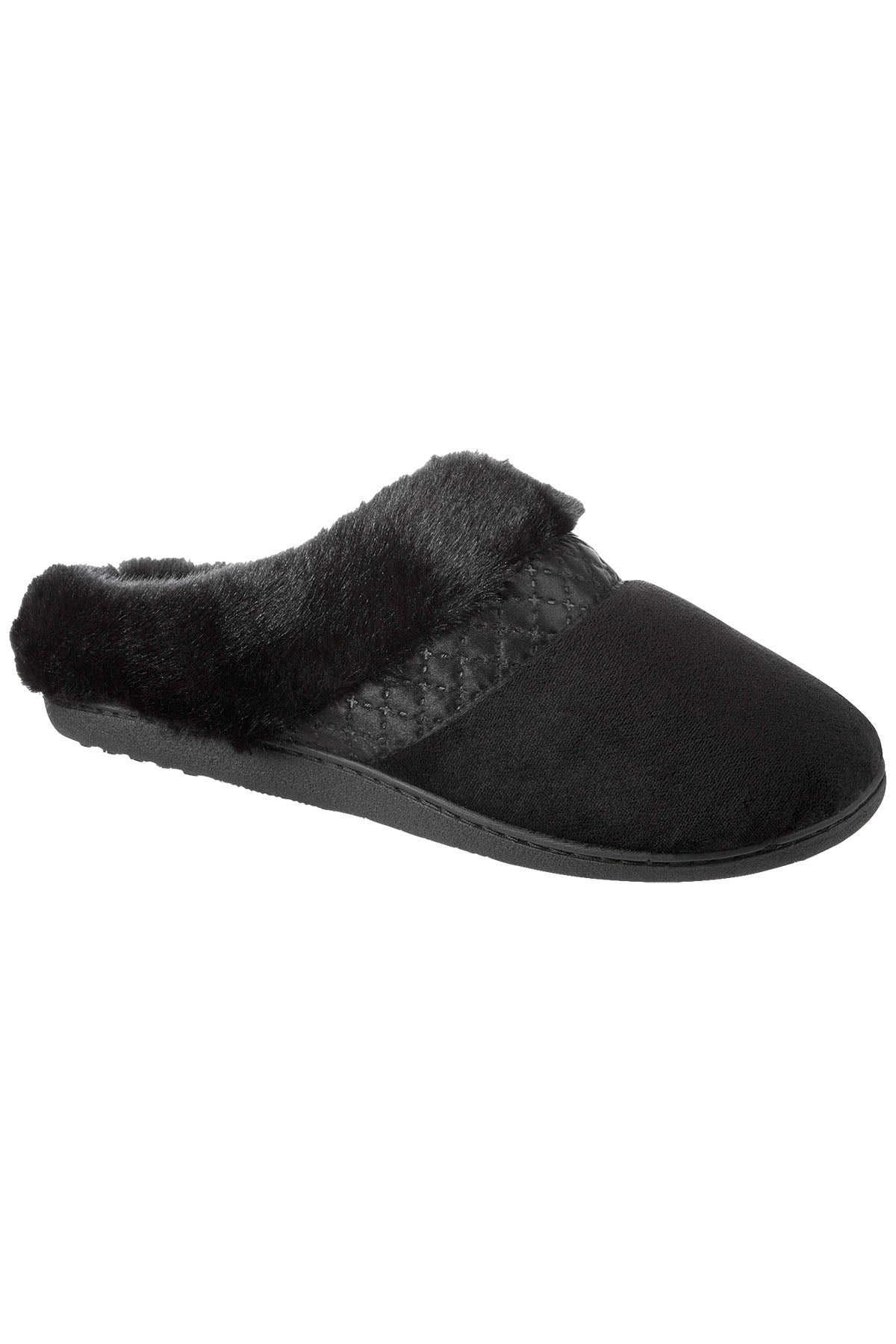 Isotoner Signature Black Velour/Faux-Fur Enhanced Heel Cushion Slippers