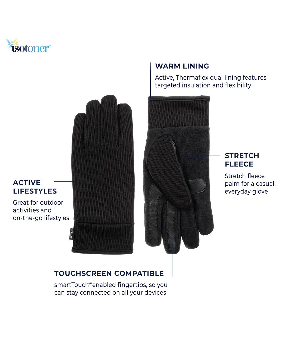 Isotoner Signature Lined Water Repellent Tech Stretch Glove Black